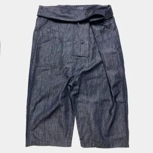 BZEN M.1063 SAWADEE-CL RELAX FIT UNISEX ANKLE LENGTH COTTON LINEN THAI FISHERMEN 4 POCKET DENIM WRAP PANT-7OZ-E0 INDIGO