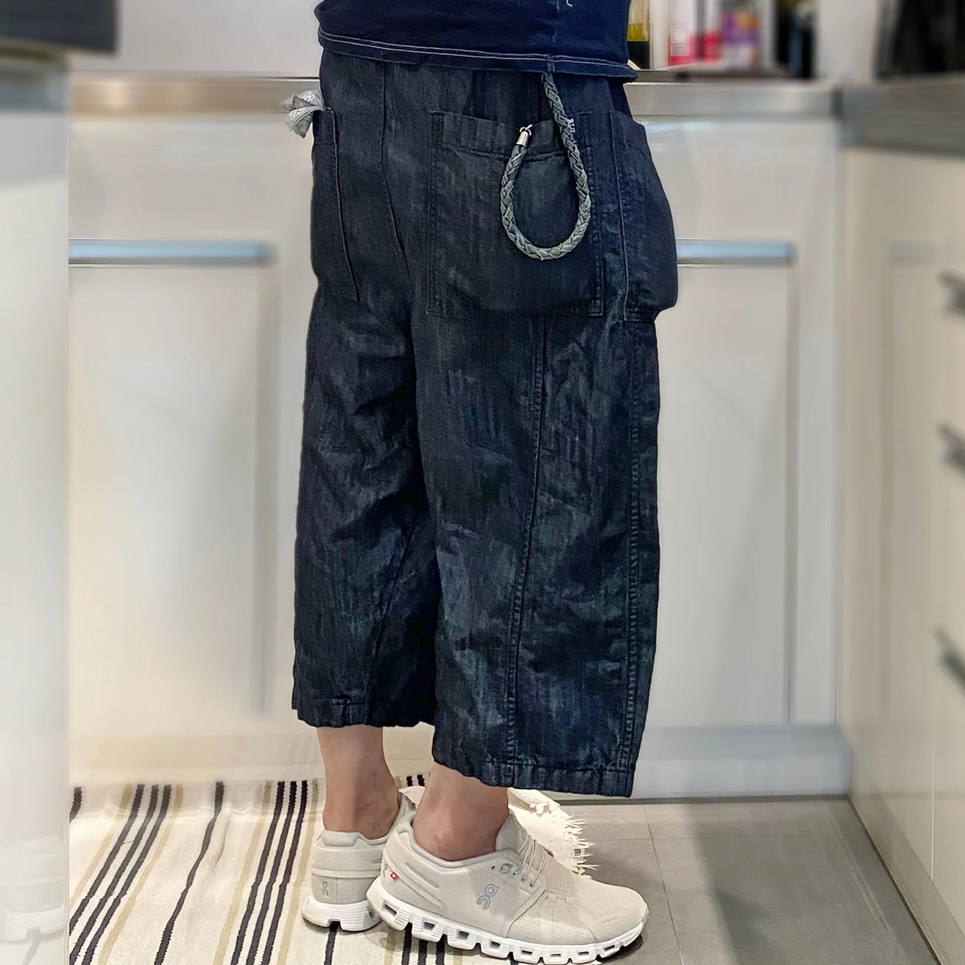 BZEN M.1063 SAWADEE-CL RELAX FIT UNISEX ANKLE LENGTH COTTON LINEN THAI FISHERMEN 4 POCKET DENIM WRAP PANT-7OZ-E0 INDIGO