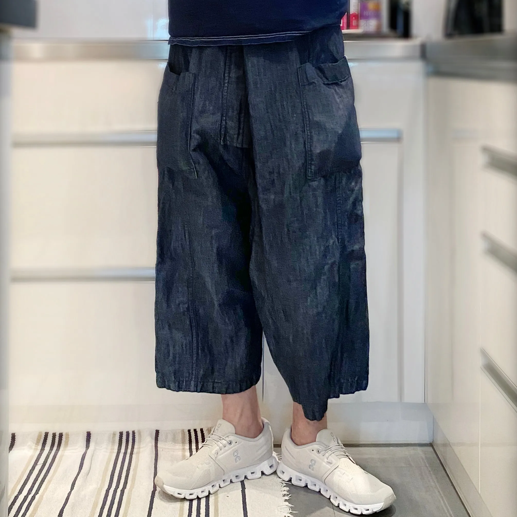 BZEN M.1063 SAWADEE-CL RELAX FIT UNISEX ANKLE LENGTH COTTON LINEN THAI FISHERMEN 4 POCKET DENIM WRAP PANT-7OZ-E0 INDIGO