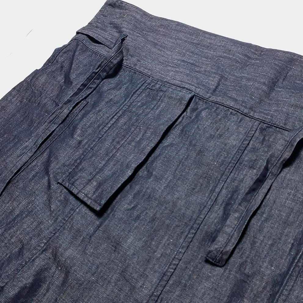 BZEN M.1063 SAWADEE-CL RELAX FIT UNISEX ANKLE LENGTH COTTON LINEN THAI FISHERMEN 4 POCKET DENIM WRAP PANT-7OZ-E0 INDIGO