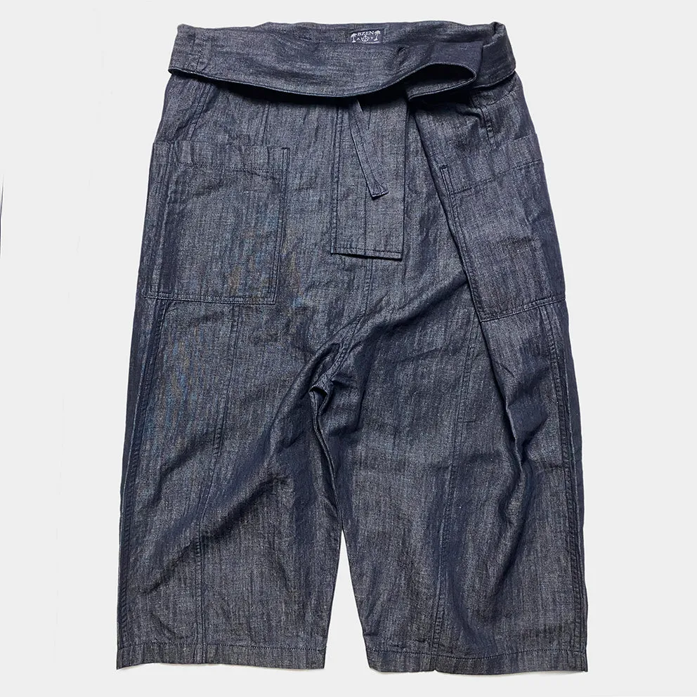 BZEN M.1063 SAWADEE-CL RELAX FIT UNISEX ANKLE LENGTH COTTON LINEN THAI FISHERMEN 4 POCKET DENIM WRAP PANT-7OZ-E0 INDIGO