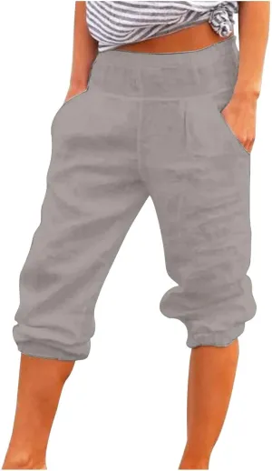 BZGTZT Capri Pants for Women Summer Fashion High Waist Elastic Cropped Trousers Wide Leg Casual Linen Pants with Pocket