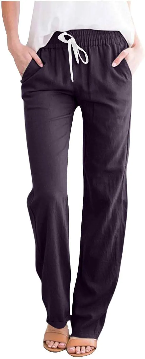 BZGTZT Wide Leg Pants for Women Summer High Waist Drawstring Pants Loose Fit Beach Pants Comfy Lightweight Linen Trousers