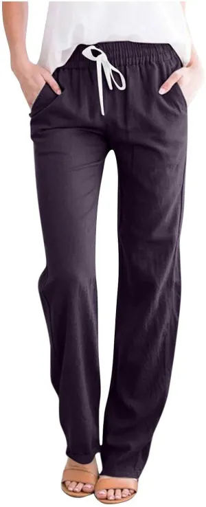 BZGTZT Wide Leg Pants for Women Summer High Waist Drawstring Pants Loose Fit Beach Pants Comfy Lightweight Linen Trousers