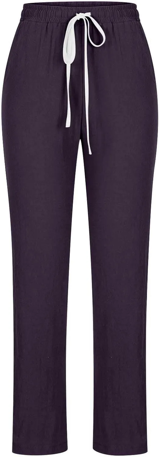 BZGTZT Wide Leg Pants for Women Summer High Waist Drawstring Pants Loose Fit Beach Pants Comfy Lightweight Linen Trousers