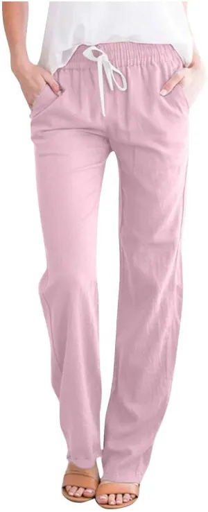 BZGTZT Wide Leg Pants for Women Summer High Waist Drawstring Pants Loose Fit Beach Pants Comfy Lightweight Linen Trousers