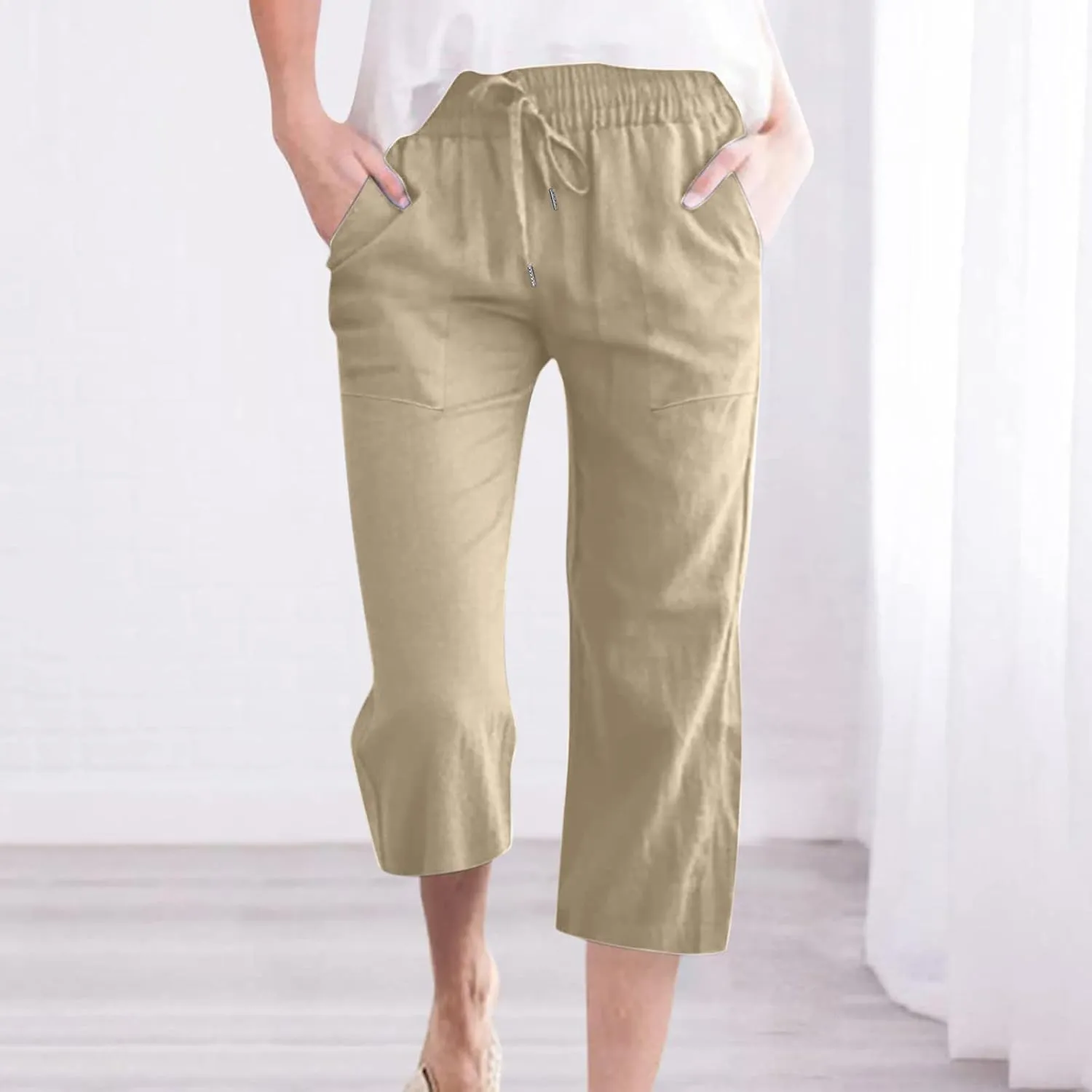 Capri Pant for Women 2024 Casual Trendy Summer Drawstring Elastic Waist Linen Pant Straight Wide Leg Cropped Trouser