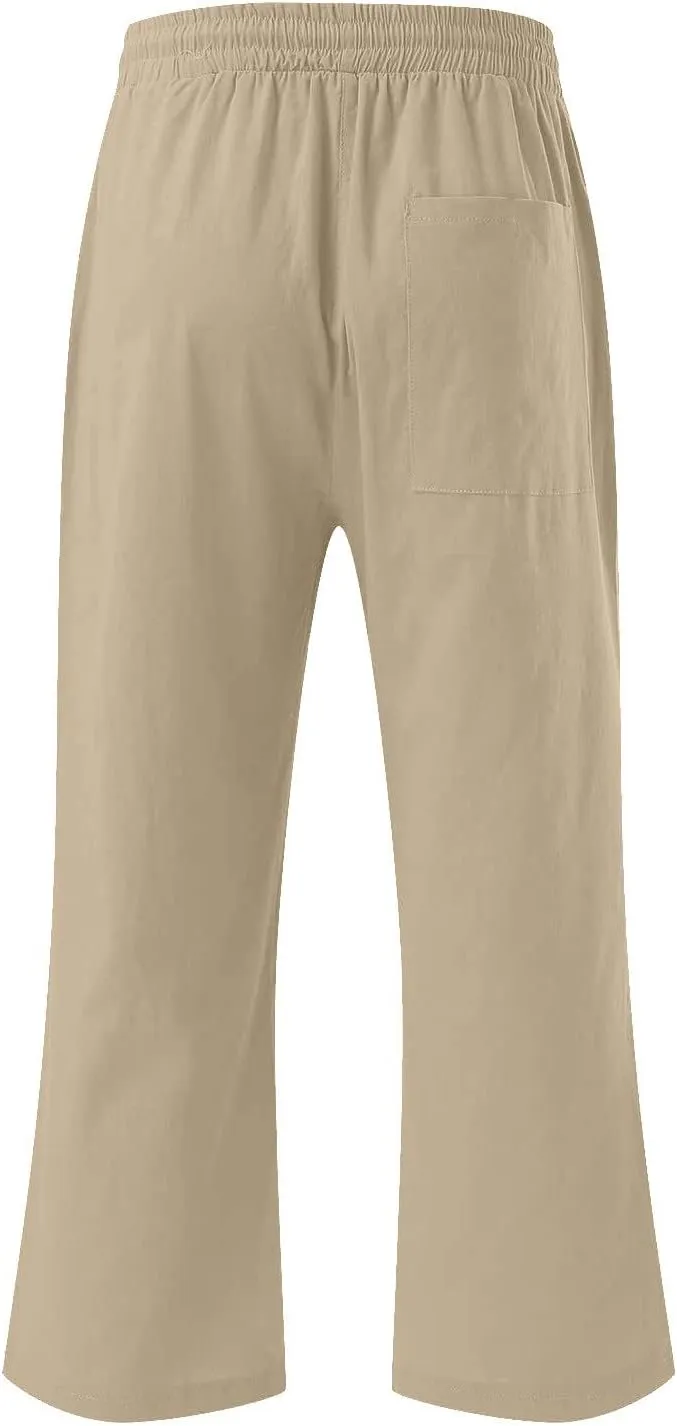 Capri Pant for Women 2024 Casual Trendy Summer Drawstring Elastic Waist Linen Pant Straight Wide Leg Cropped Trouser
