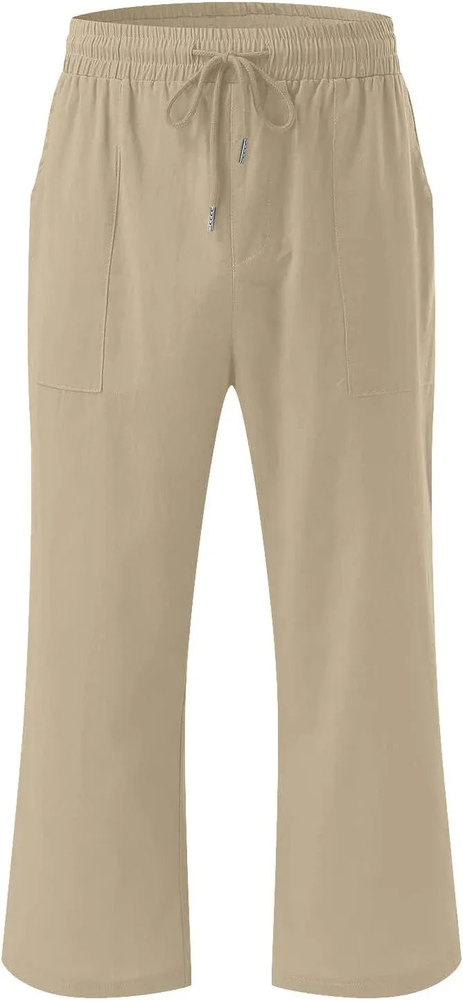 Capri Pant for Women 2024 Casual Trendy Summer Drawstring Elastic Waist Linen Pant Straight Wide Leg Cropped Trouser
