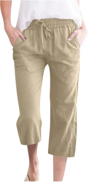 Capri Pant for Women 2024 Casual Trendy Summer Drawstring Elastic Waist Linen Pant Straight Wide Leg Cropped Trouser