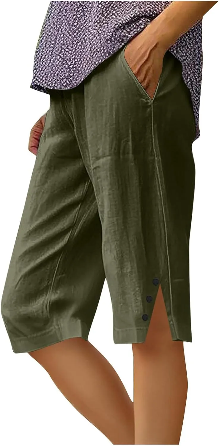 Capri Pants for Women 2025 Knee Length Cotton Linen Capris Summer Straight Leg Loose Beach Bermuda Shorts with Pocket