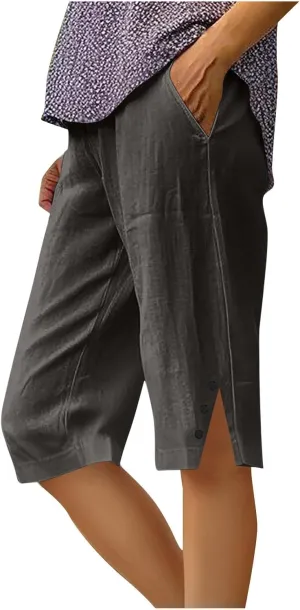 Capri Pants for Women 2025 Knee Length Cotton Linen Capris Summer Straight Leg Loose Beach Bermuda Shorts with Pocket