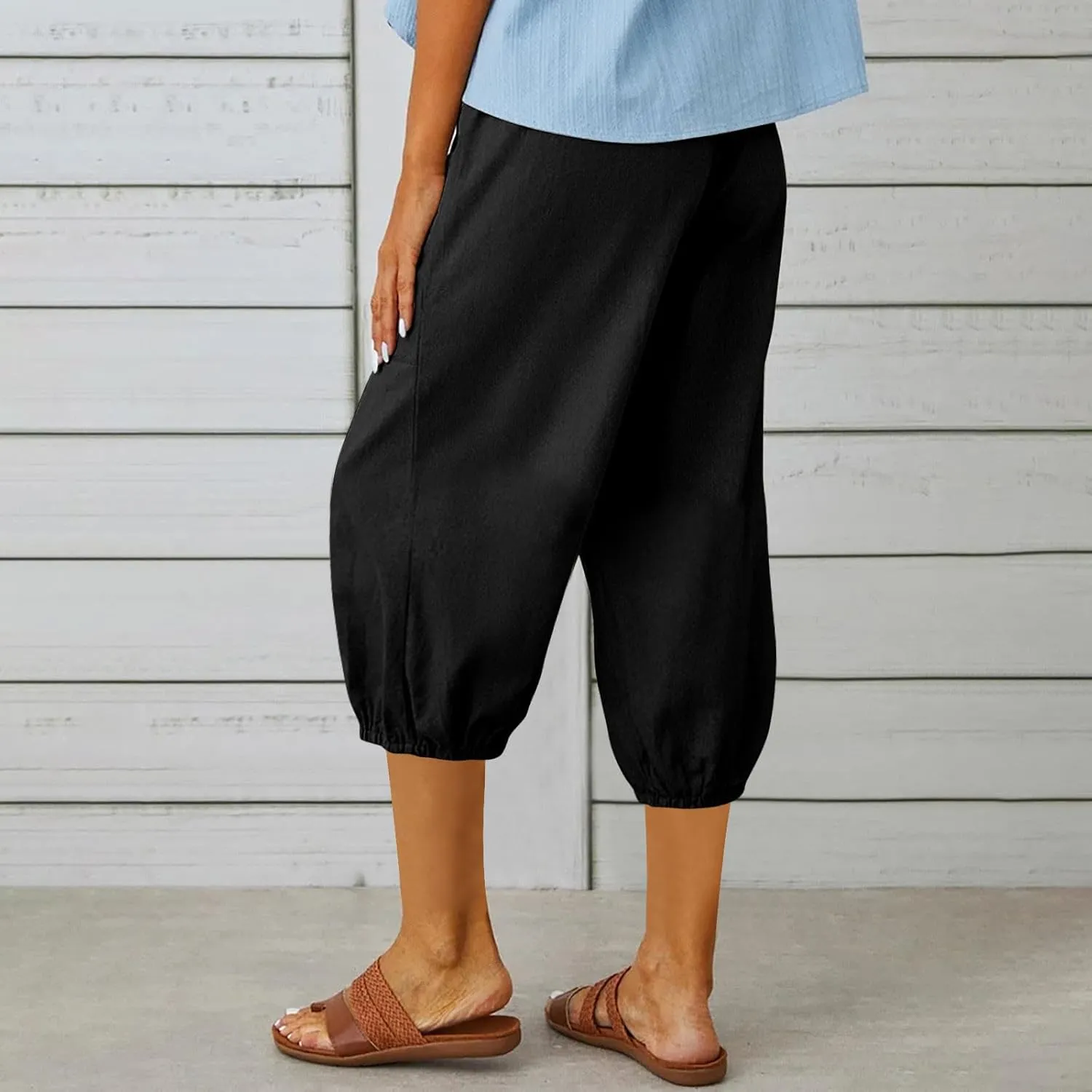 Capri Pants for Women Bottom Button Cropped Linen Pants Drawstring Elastic Waist High Waist Wide Leg Trouser