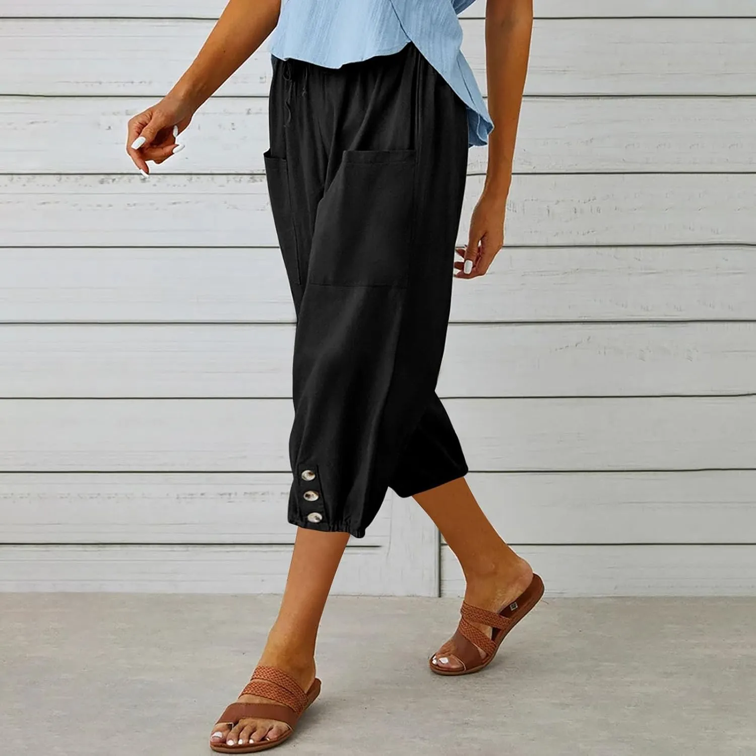 Capri Pants for Women Bottom Button Cropped Linen Pants Drawstring Elastic Waist High Waist Wide Leg Trouser