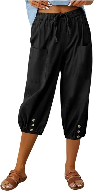 Capri Pants for Women Bottom Button Cropped Linen Pants Drawstring Elastic Waist High Waist Wide Leg Trouser