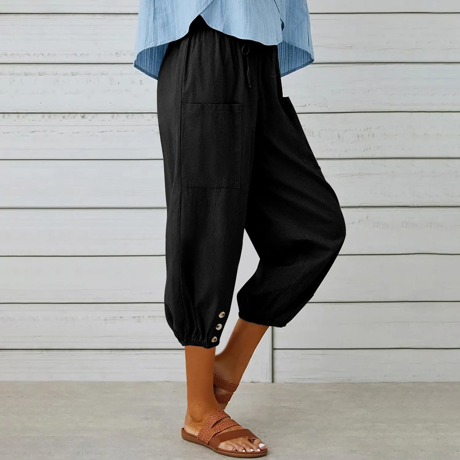Capri Pants for Women Bottom Button Cropped Linen Pants Drawstring Elastic Waist High Waist Wide Leg Trouser