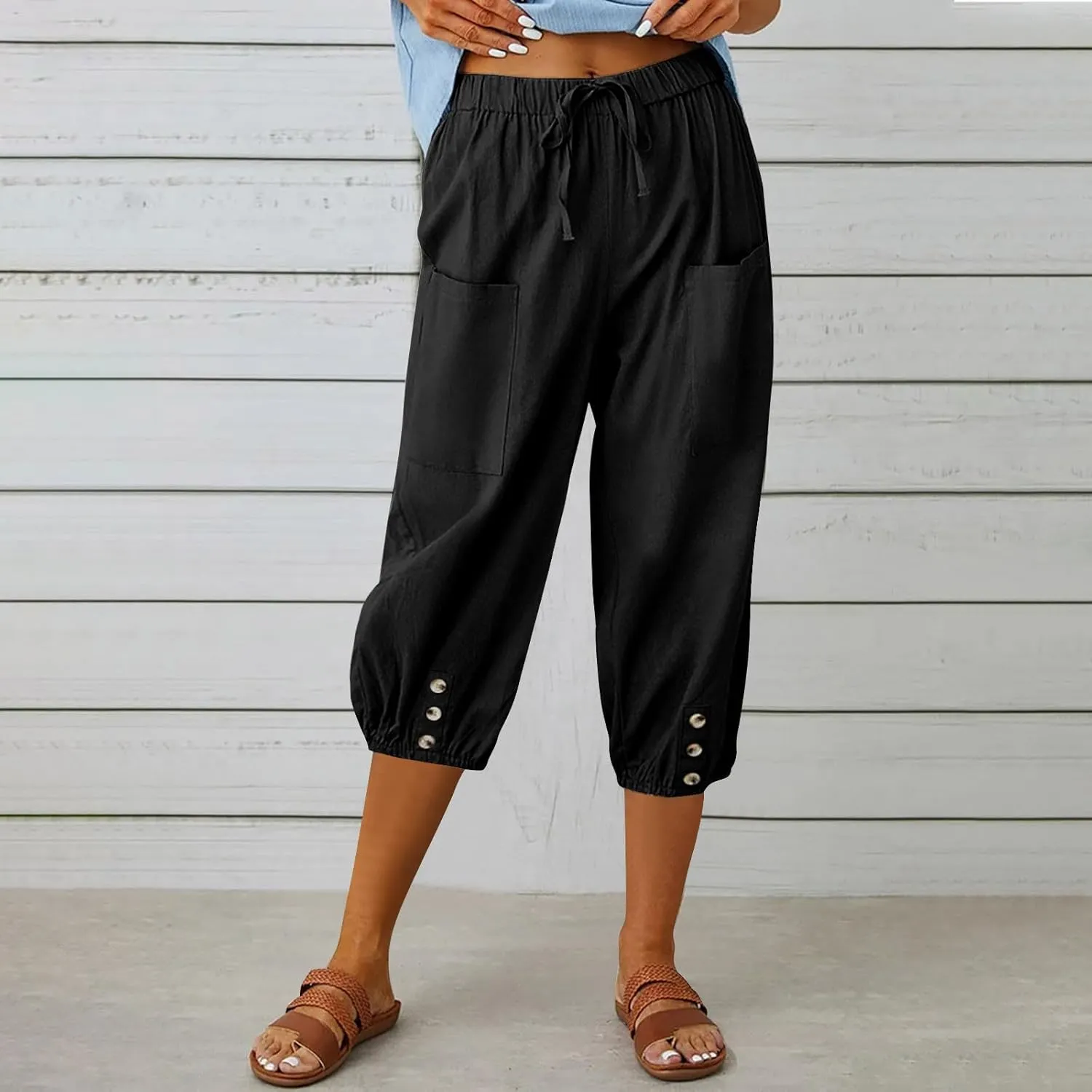 Capri Pants for Women Bottom Button Cropped Linen Pants Drawstring Elastic Waist High Waist Wide Leg Trouser