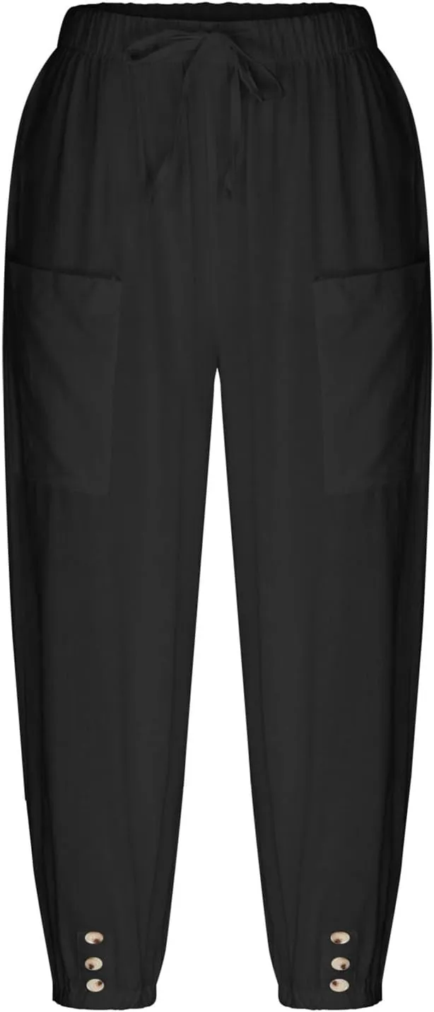 Capri Pants for Women Bottom Button Cropped Linen Pants Drawstring Elastic Waist High Waist Wide Leg Trouser