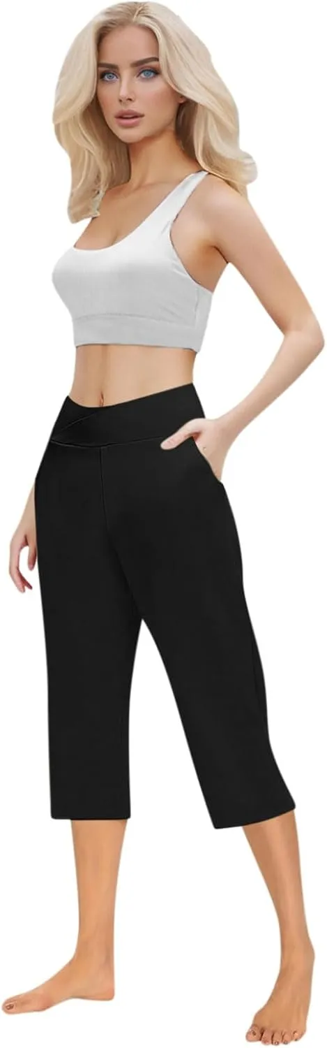 Capri Pants for Women Casual 2025 Summer Cross High Waist Yoga Cropped Pants Workout Wide Leg Plus Size Lounge Capris