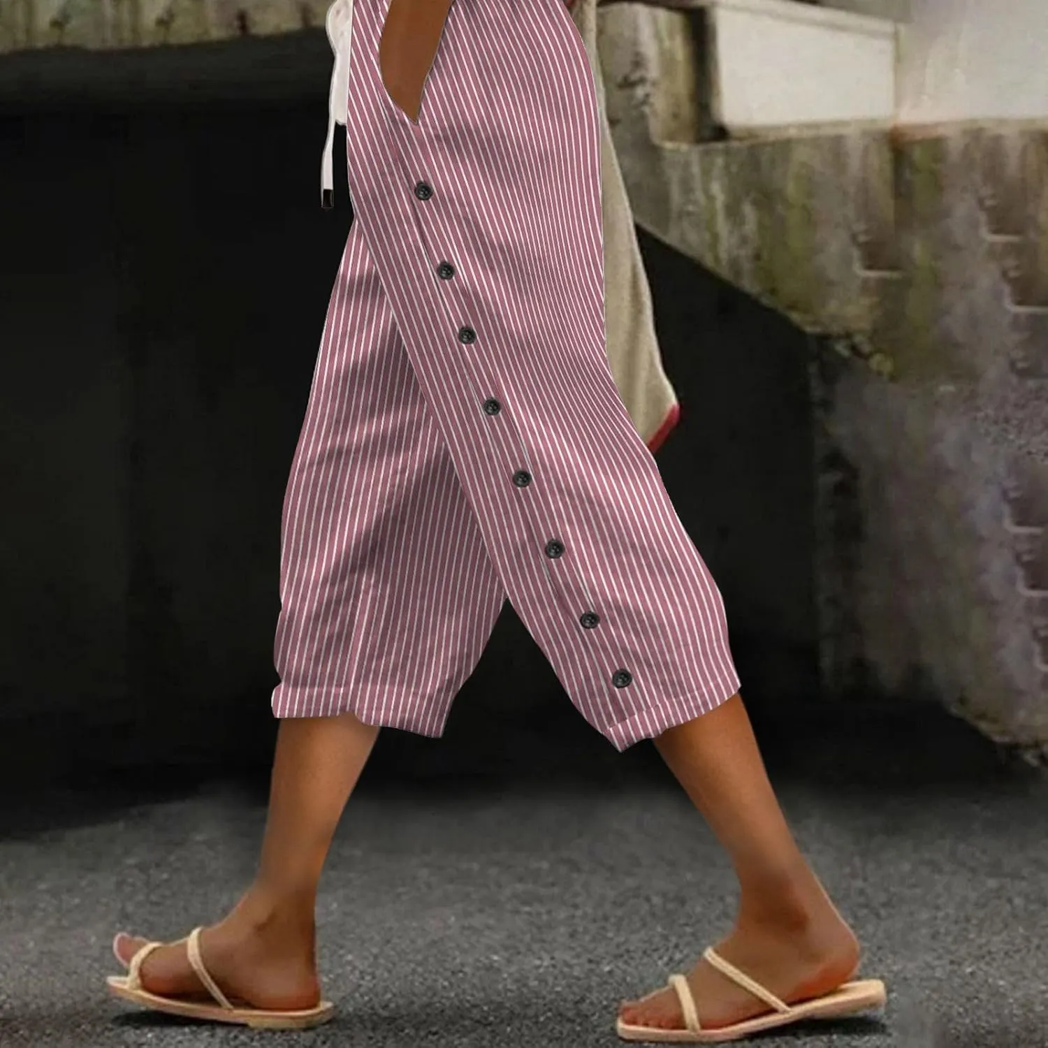 Capri Pants for Women Casual Striped Linen Pants Loose Fit Drawstring Trousers High Waist Cropped Trousers