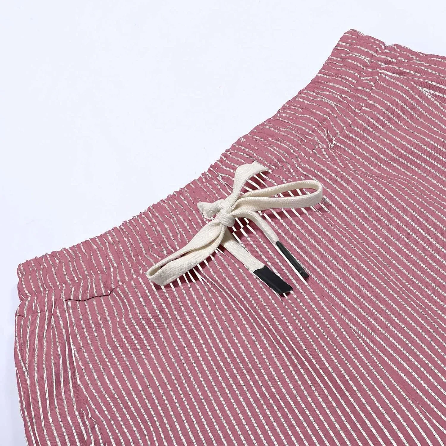 Capri Pants for Women Casual Striped Linen Pants Loose Fit Drawstring Trousers High Waist Cropped Trousers