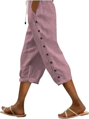 Capri Pants for Women Casual Striped Linen Pants Loose Fit Drawstring Trousers High Waist Cropped Trousers