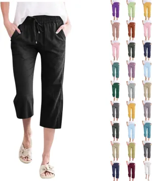 Capris For Women Petite Length Wide Leg Cotton Linen Summer Beach Vacation Cropped Trouser Loose Fit 2024 Sweatpant