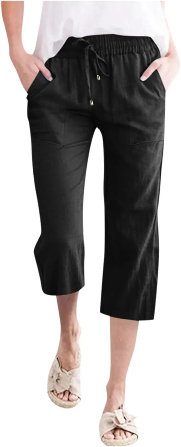 Capris For Women Petite Length Wide Leg Cotton Linen Summer Beach Vacation Cropped Trouser Loose Fit 2024 Sweatpant