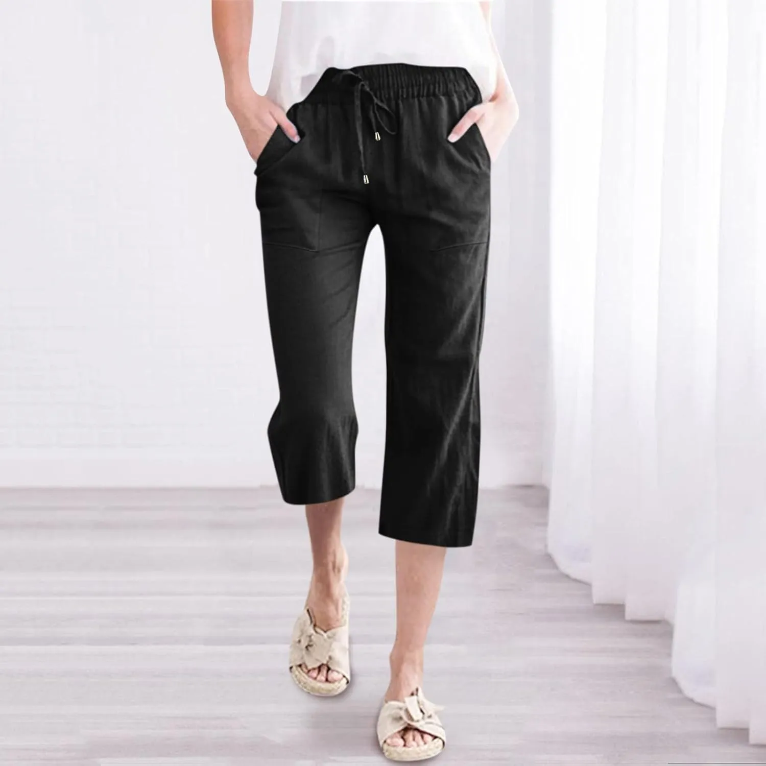 Capris For Women Petite Length Wide Leg Cotton Linen Summer Beach Vacation Cropped Trouser Loose Fit 2024 Sweatpant