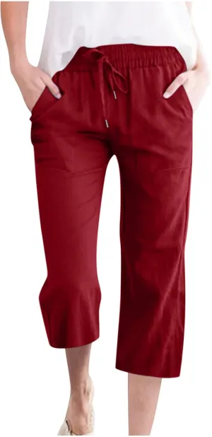 Capris Pants for Women Cotton Linen Loose Straight Wide Leg Drawstring Cropped Trousers Casual Summer Clothing 2025