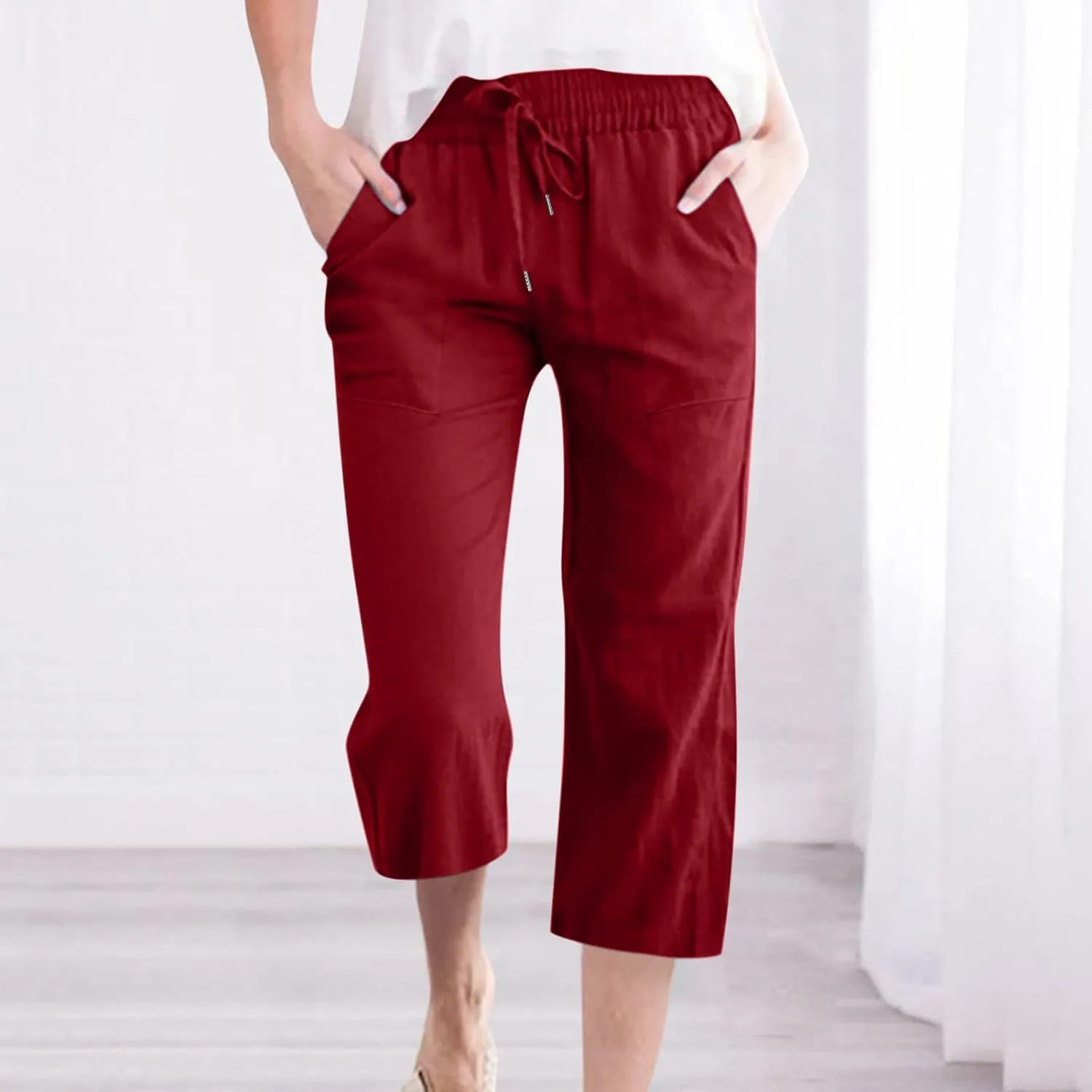 Capris Pants for Women Cotton Linen Loose Straight Wide Leg Drawstring Cropped Trousers Casual Summer Clothing 2025