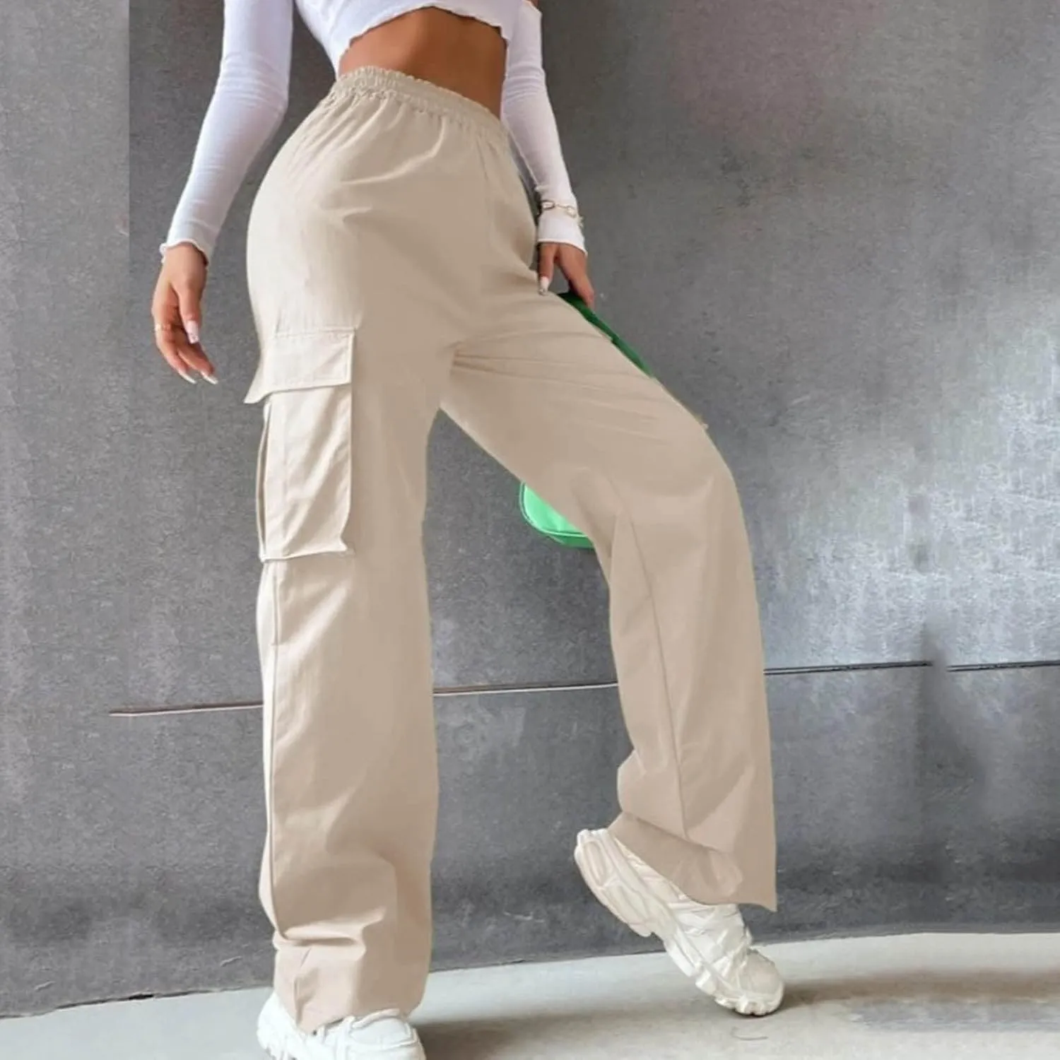 Cargo Pants for Women Elastic High Waist Casual Hiking Pants Wide Leg Baggy Stretchy Y2K Work Trousers with Pockets