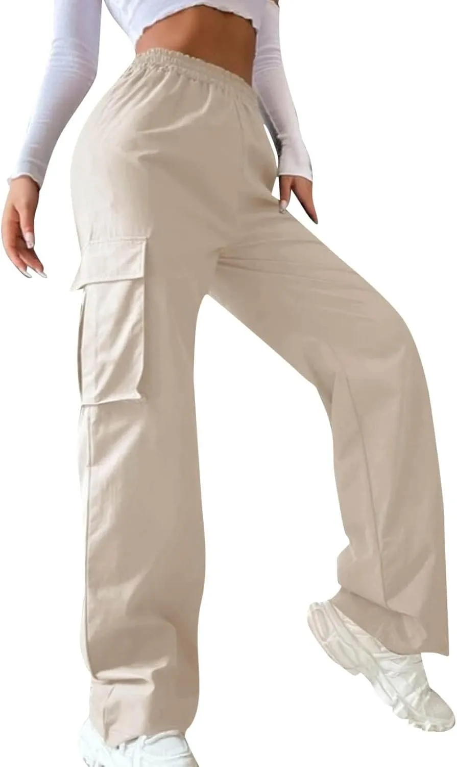 Cargo Pants for Women Elastic High Waist Casual Hiking Pants Wide Leg Baggy Stretchy Y2K Work Trousers with Pockets