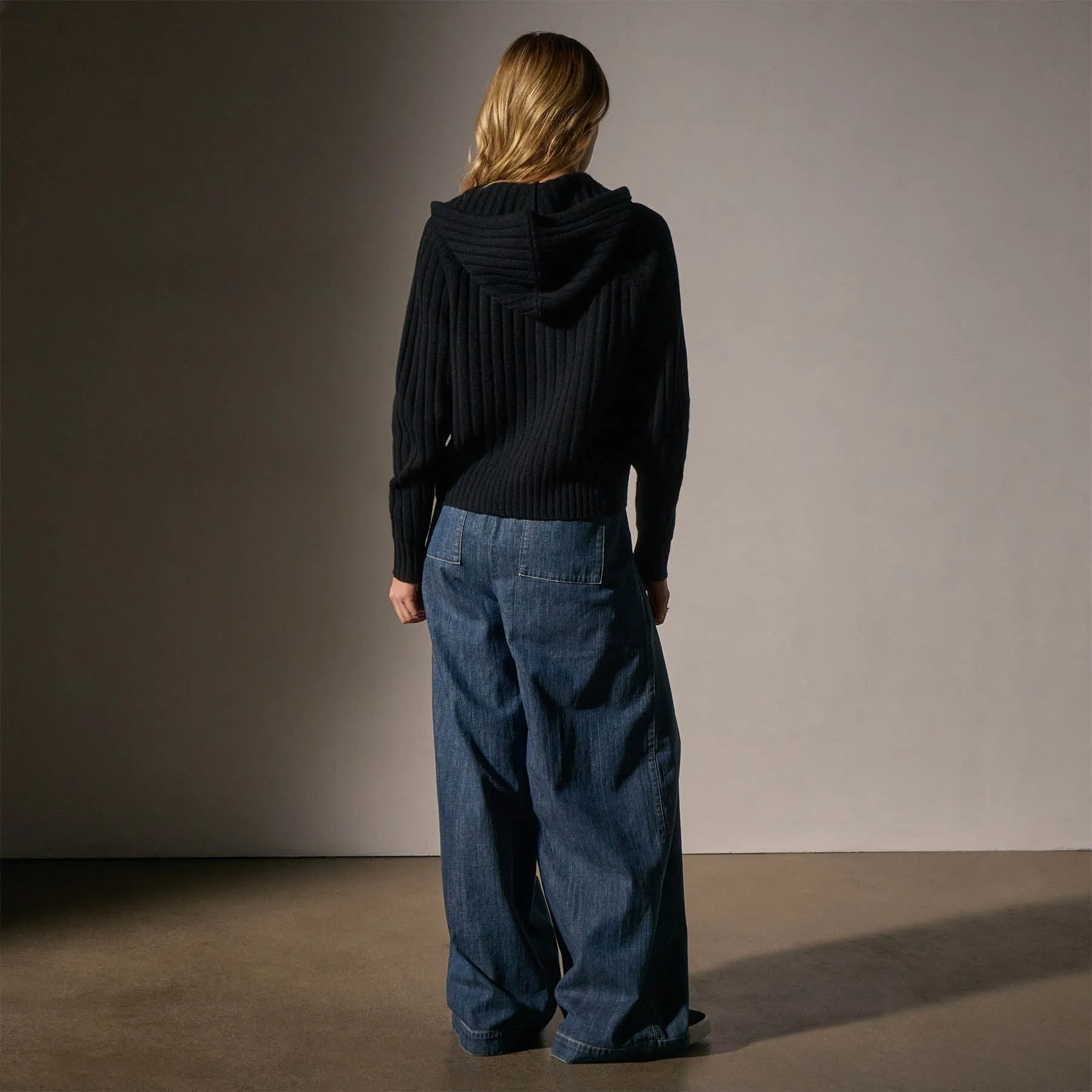 Cashmere Wide Ribbed Hoodie - Black