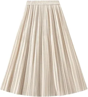 Casual Midi Pleated Skirt Women Autumn Winter Spring High Waist A-Line Skirts