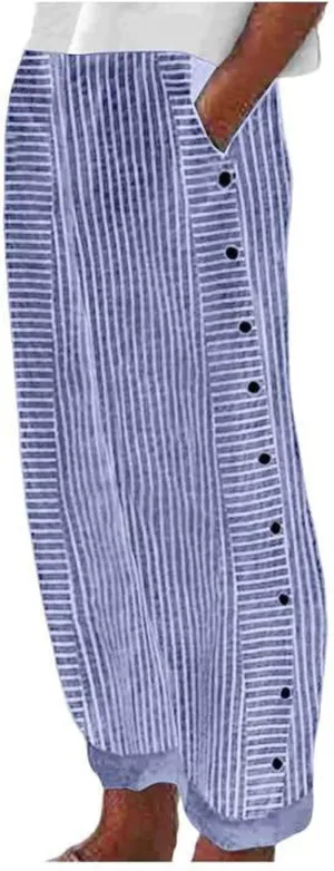 Casual Pants for Women Striped Print Side Button Pants Summer Trendy Elastic Waist Straight Leg Trousers with Pockets