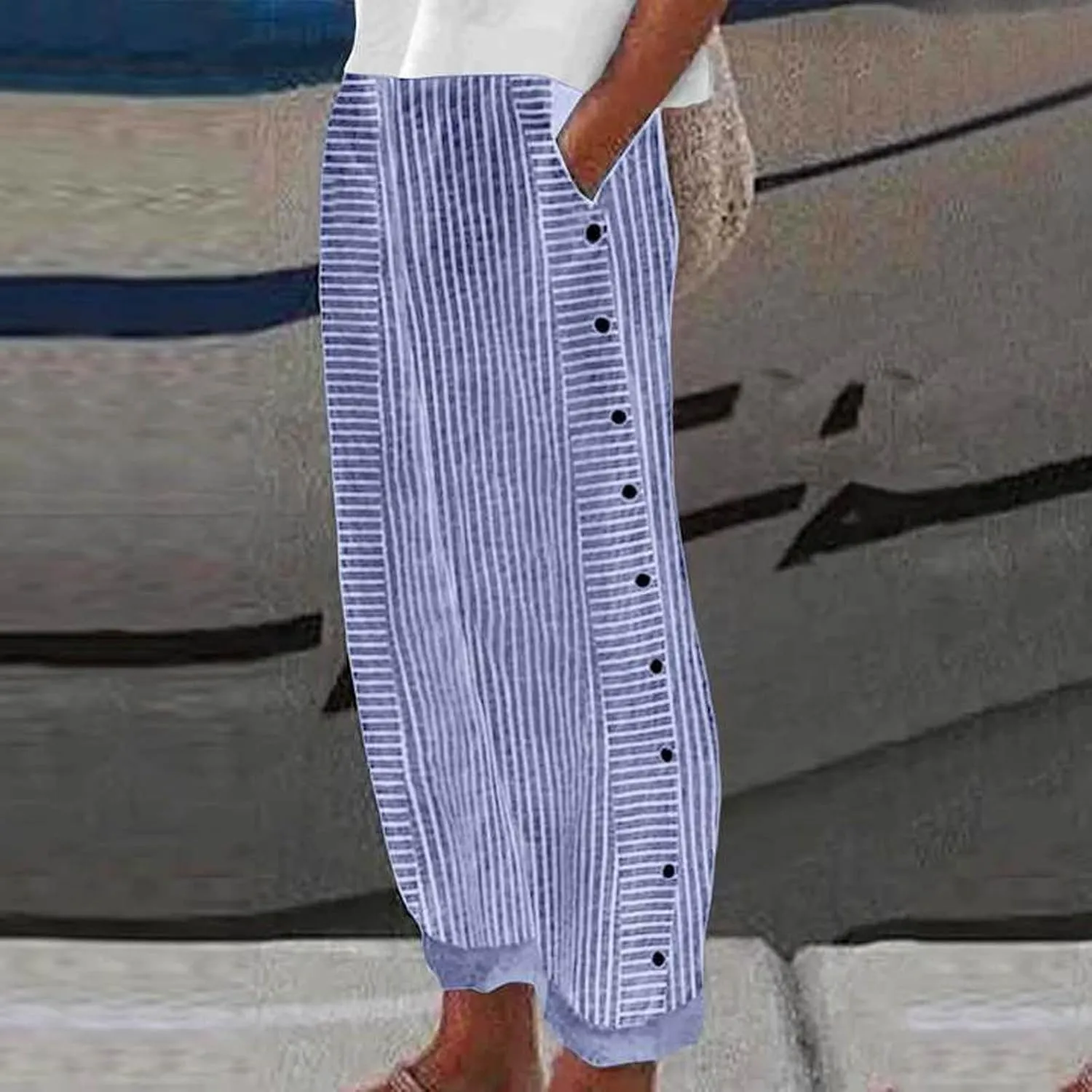 Casual Pants for Women Striped Print Side Button Pants Summer Trendy Elastic Waist Straight Leg Trousers with Pockets