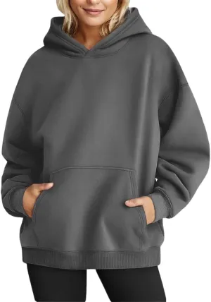 Chaos World Women's Long Sleeve Oversized Pullover Solid Color Y2K Hoodie Fall Winter Sweatshirt with Pocket (S,Grey2)
