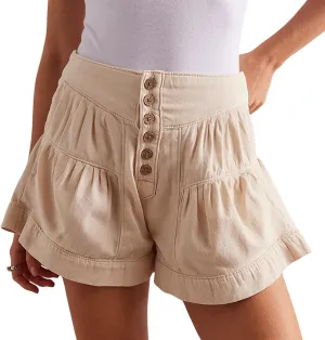 CHARTOU Women Cute Ruffle Hem Denim Short High Waist Wide Leg Jean Shorts Flare Stretchy Short with Pockets