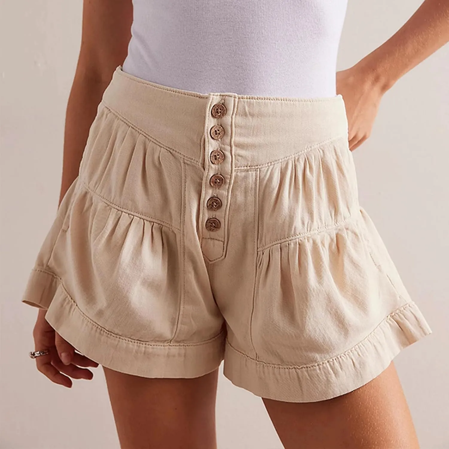 CHARTOU Women Cute Ruffle Hem Denim Short High Waist Wide Leg Jean Shorts Flare Stretchy Short with Pockets