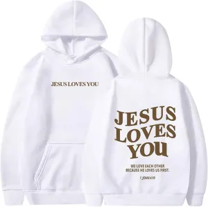 Christian Hoodies for Women Bible Verse Jesus Loves You Letter Graphic Oversized Long Sleeve Pockets Drawstring Sweatshirts