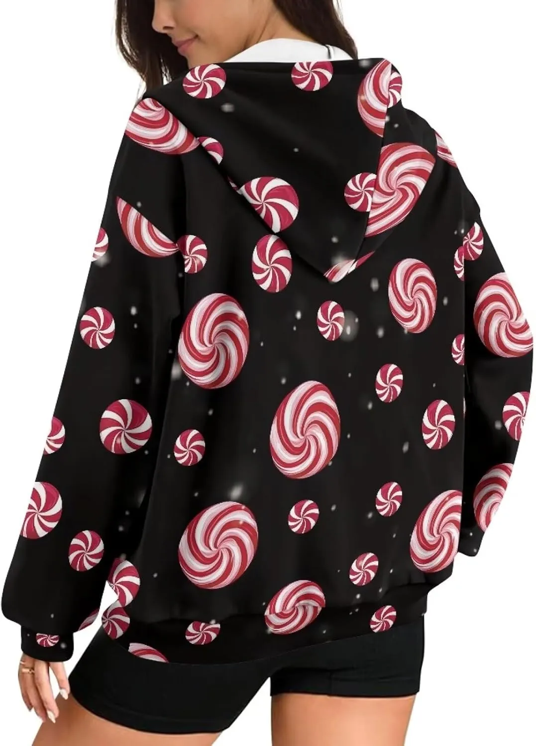 Christmas Candy Print Zip up Hoodie Women Long Sleeve Loose Fitting Y2K Pullover Tops Sweatshirt with Front Pocket