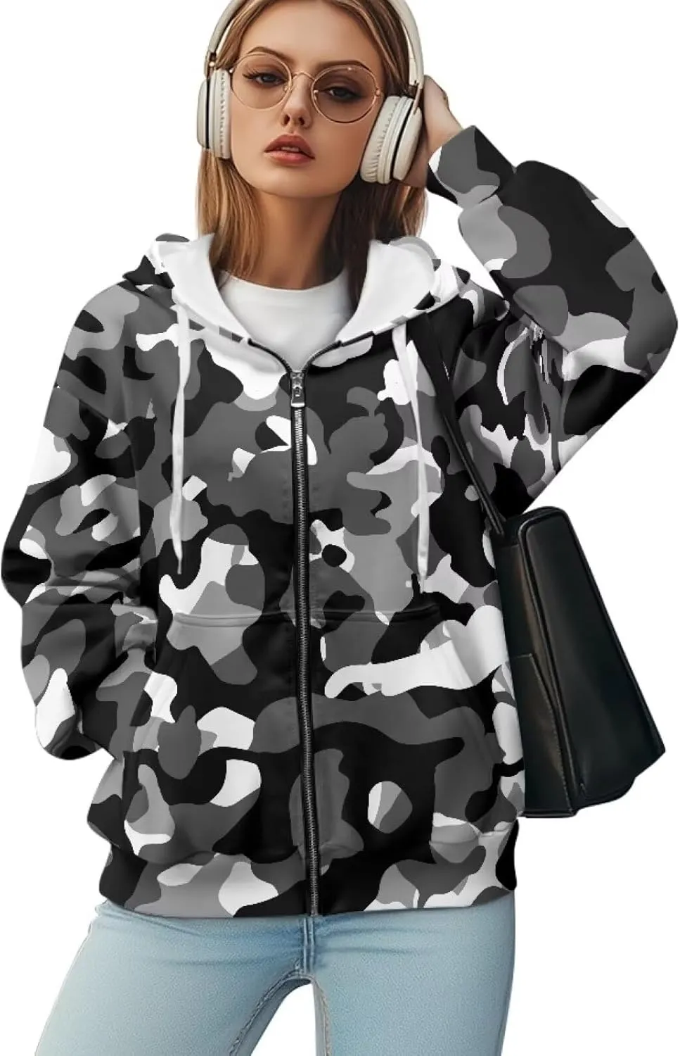 Christmas Candy Print Zip up Hoodie Women Long Sleeve Loose Fitting Y2K Pullover Tops Sweatshirt with Front Pocket
