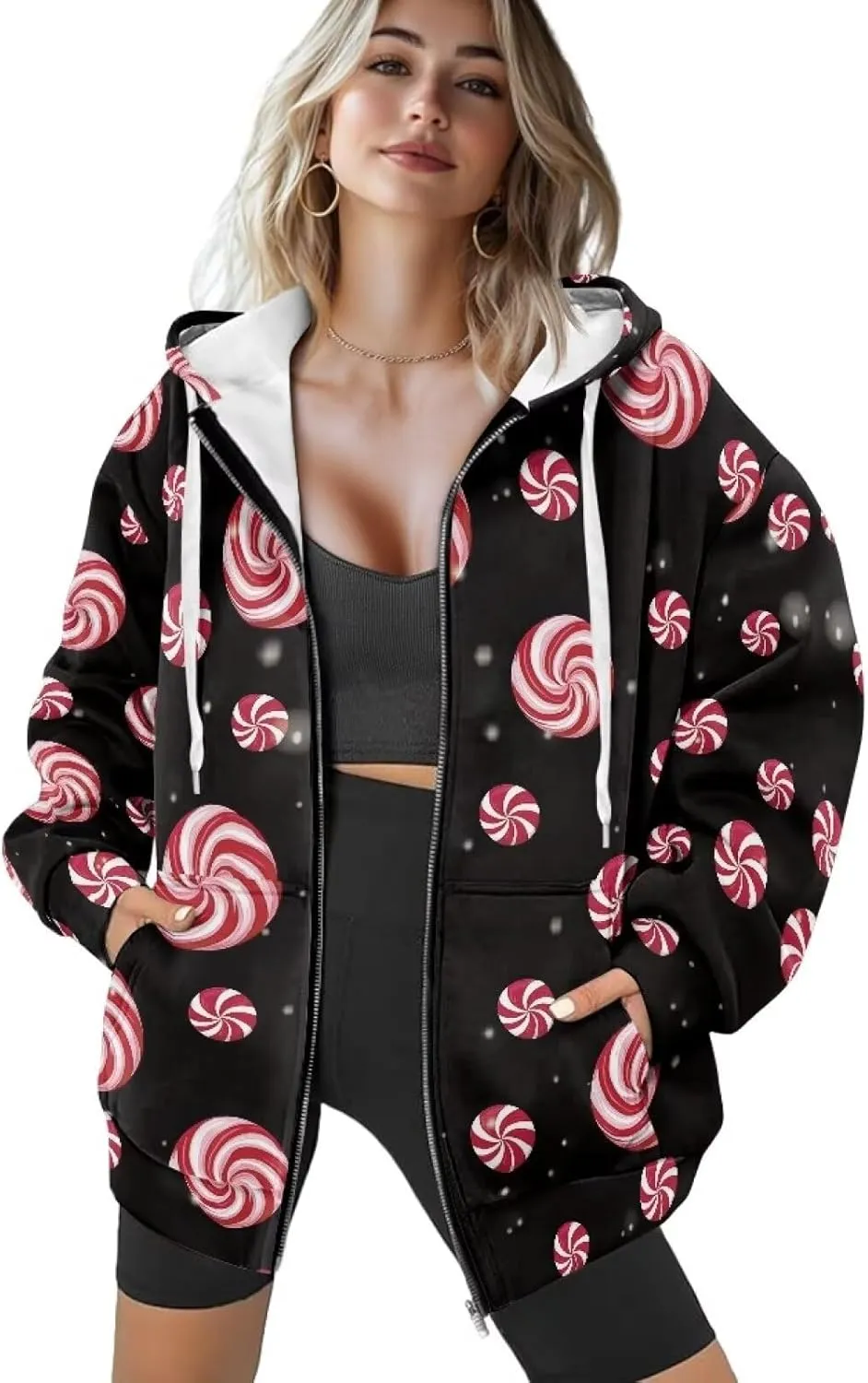 Christmas Candy Print Zip up Hoodie Women Long Sleeve Loose Fitting Y2K Pullover Tops Sweatshirt with Front Pocket