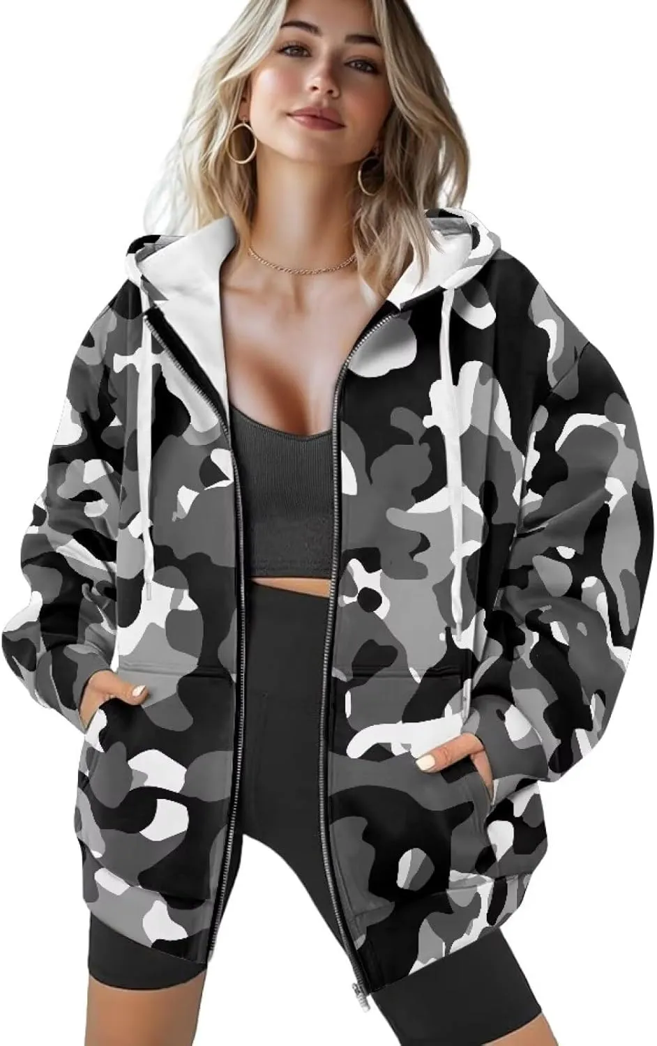 Christmas Candy Print Zip up Hoodie Women Long Sleeve Loose Fitting Y2K Pullover Tops Sweatshirt with Front Pocket