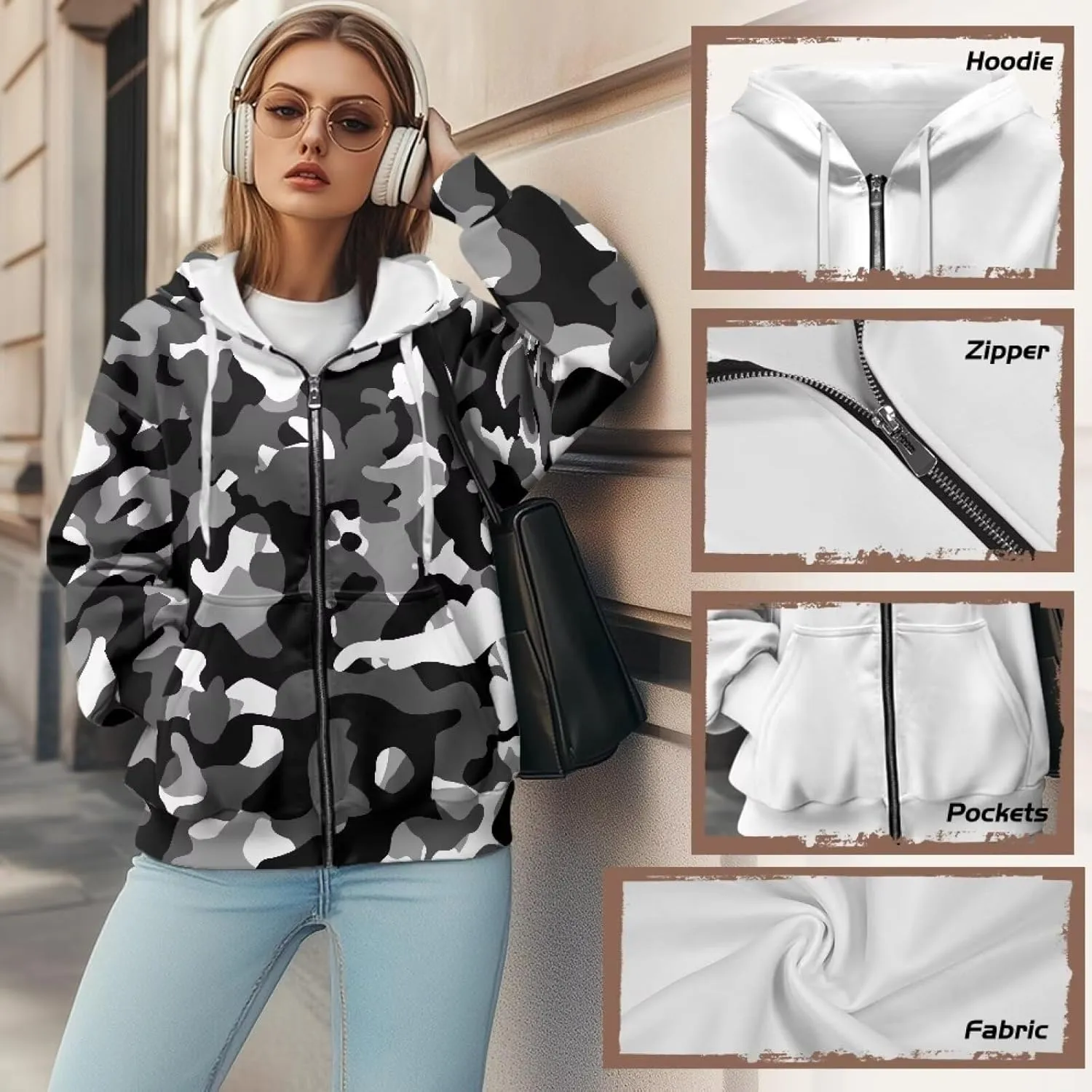 Christmas Candy Print Zip up Hoodie Women Long Sleeve Loose Fitting Y2K Pullover Tops Sweatshirt with Front Pocket