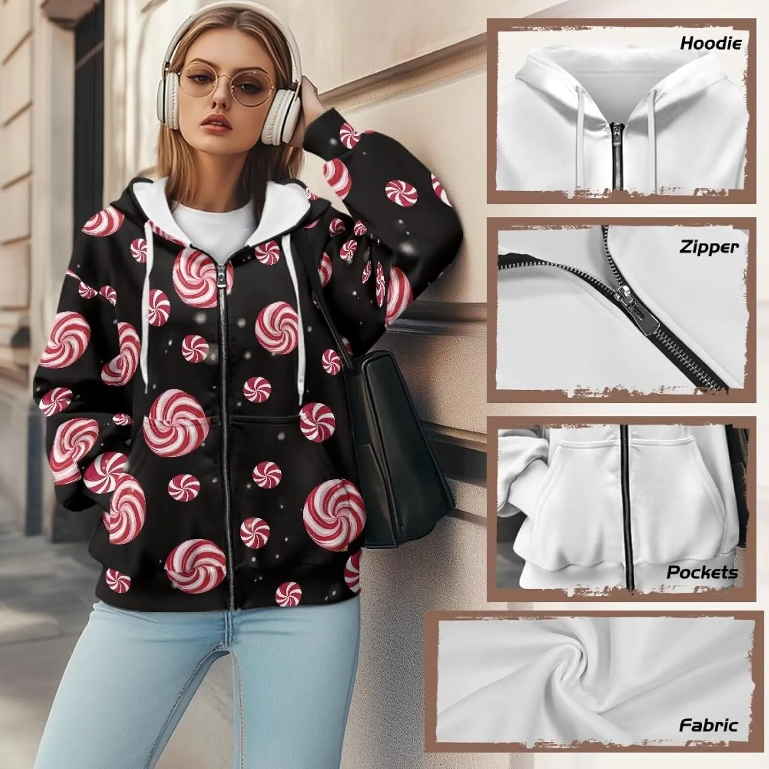 Christmas Candy Print Zip up Hoodie Women Long Sleeve Loose Fitting Y2K Pullover Tops Sweatshirt with Front Pocket