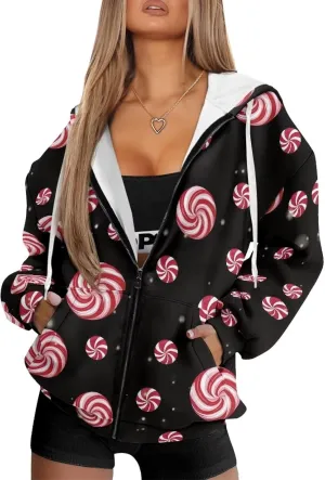 Christmas Candy Print Zip up Hoodie Women Long Sleeve Loose Fitting Y2K Pullover Tops Sweatshirt with Front Pocket