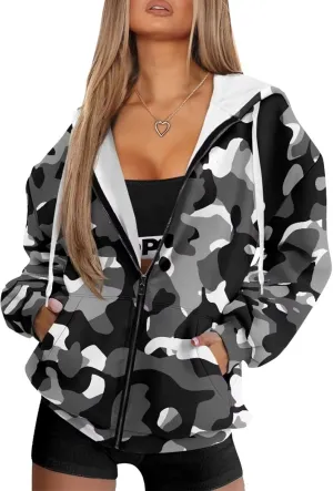 Christmas Candy Print Zip up Hoodie Women Long Sleeve Loose Fitting Y2K Pullover Tops Sweatshirt with Front Pocket