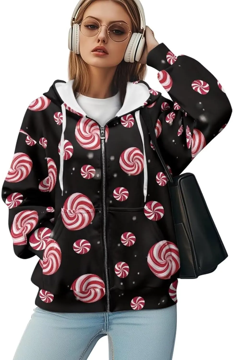 Christmas Candy Print Zip up Hoodie Women Long Sleeve Loose Fitting Y2K Pullover Tops Sweatshirt with Front Pocket